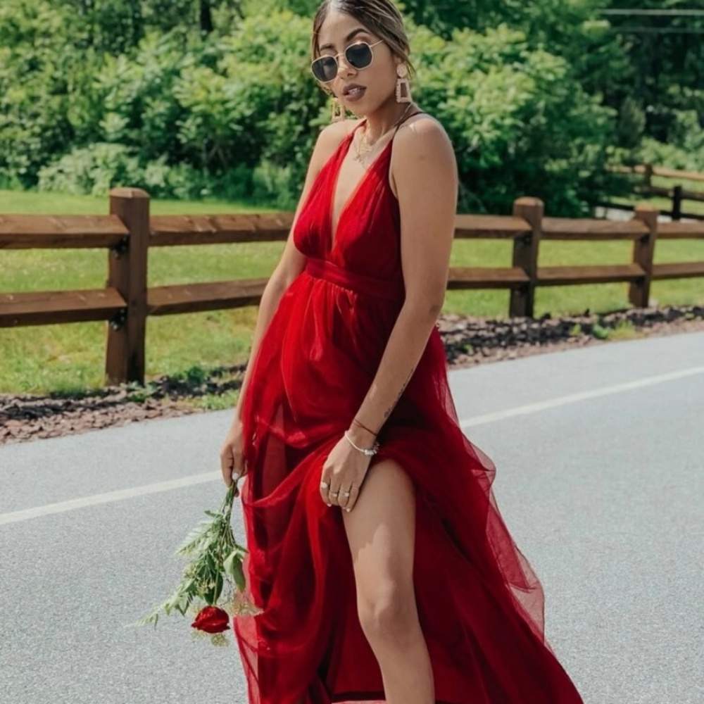 Plunging Neck Mesh-Overlay Maxi Dress